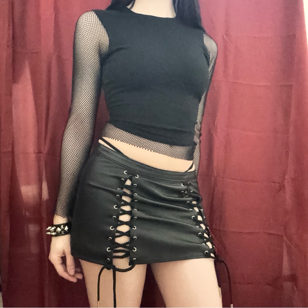 Vintage black lace up corset double split low rise micro mini leather skirt